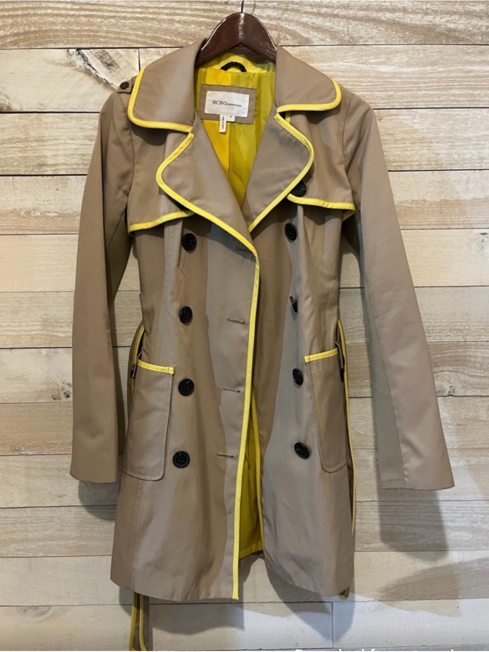 BCBG Tan Trench Coat with Yellow Trim